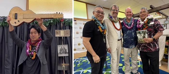 Jake Shimabukuro holding a steel guitar and Alan Akaka, John Troutman, Kilin Reece, and Principal Oyama
